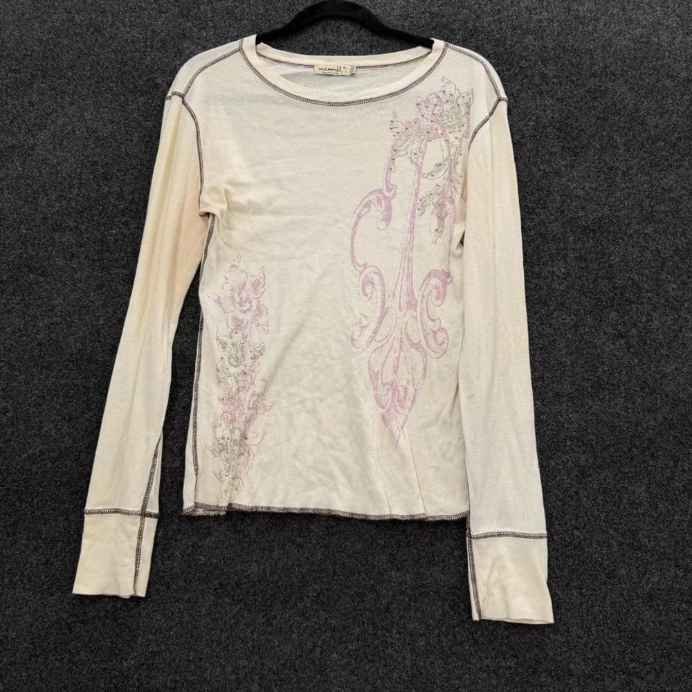 Oneworld Embellished Thermal Women's Medium Cream Pink Floral Long Sleeve Top